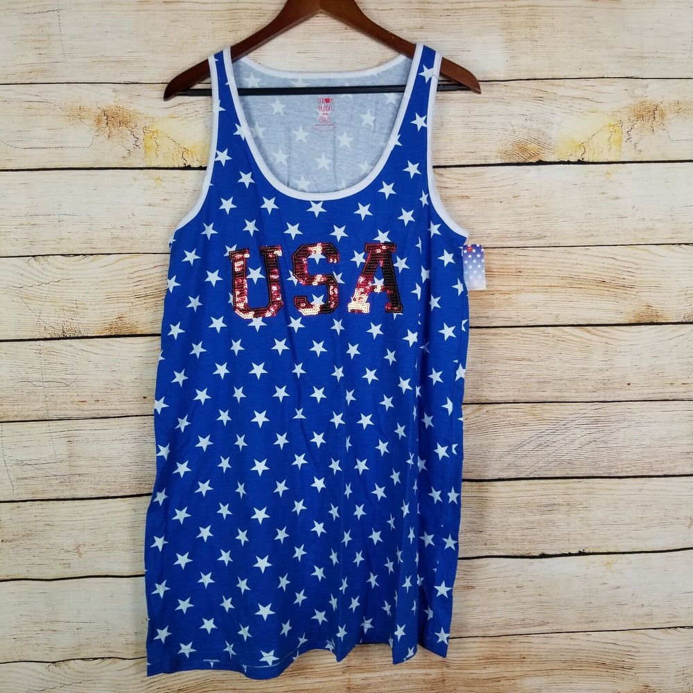 Snooze Button Tank Womens Size M Blue Stars Red Sequin‎ USA Patriotic Sleep Top